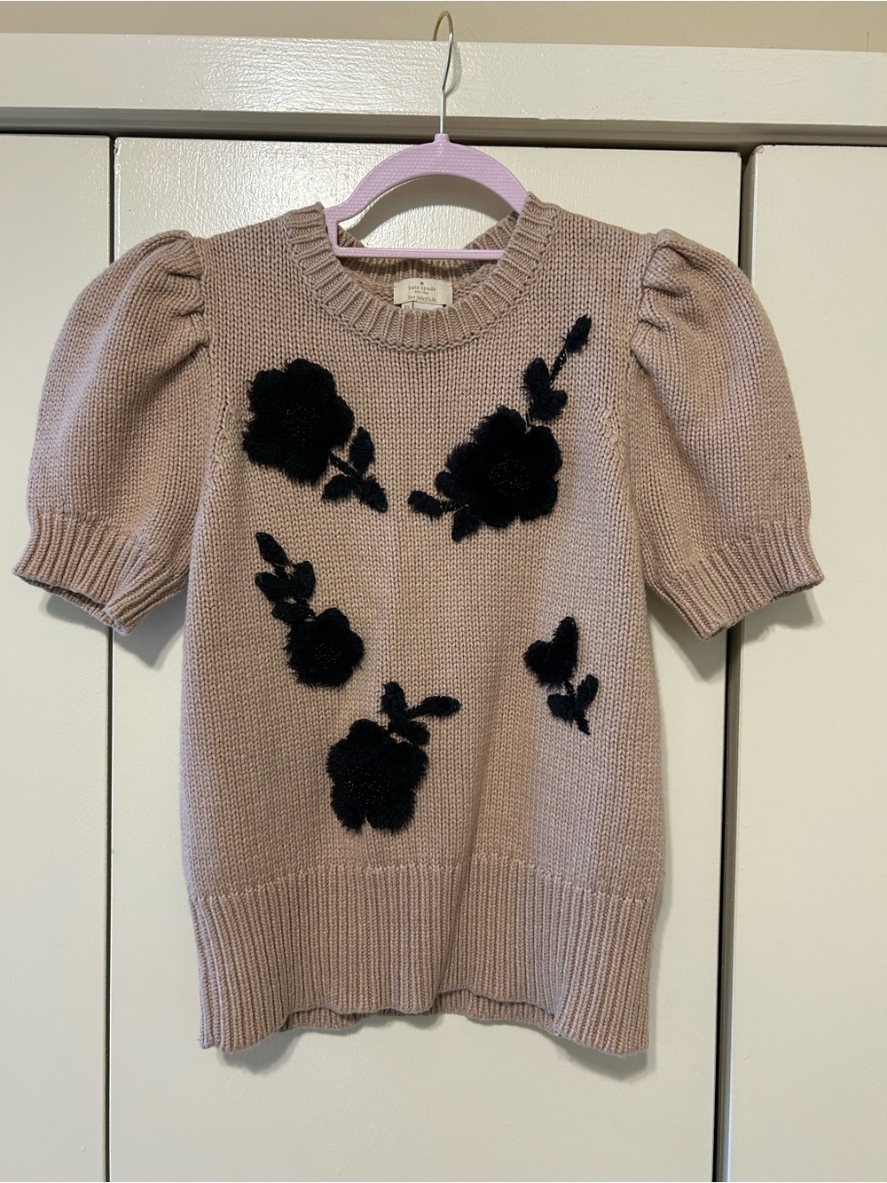 Kate Spade Puff Sleeve Knit Top with Black Floral Appliqué